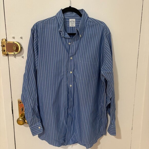 NWOT Brooks Brothers Slim Fit Non Iron All Cotton - Blue & White Stripe 16.5- 34 - Picture 1 of 3